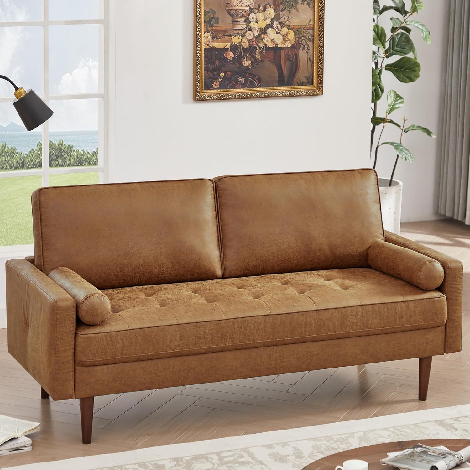68" Faux Leather Couch Mid Century Modern Sofa Couch w/Tufted Deep Love Seat, 2 Pillows & Solid Wood Frame, Home Sofa Living Room Small Couches for Sm