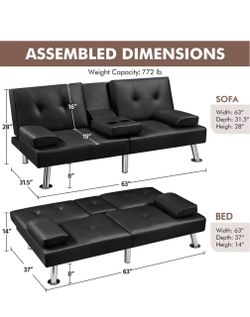 Faux Leather Convertible Futon Sofa Bed Loveseat with Cup Holder, Black$129