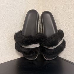 Black chunky slides with rhinestones