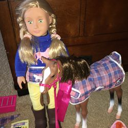 18” DOLL WITH HORSE AND ACCESSORIES PLUS EXTRA DOLL CLOTHES 