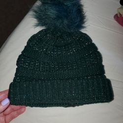 Dark green sparkly beanie with pom pom