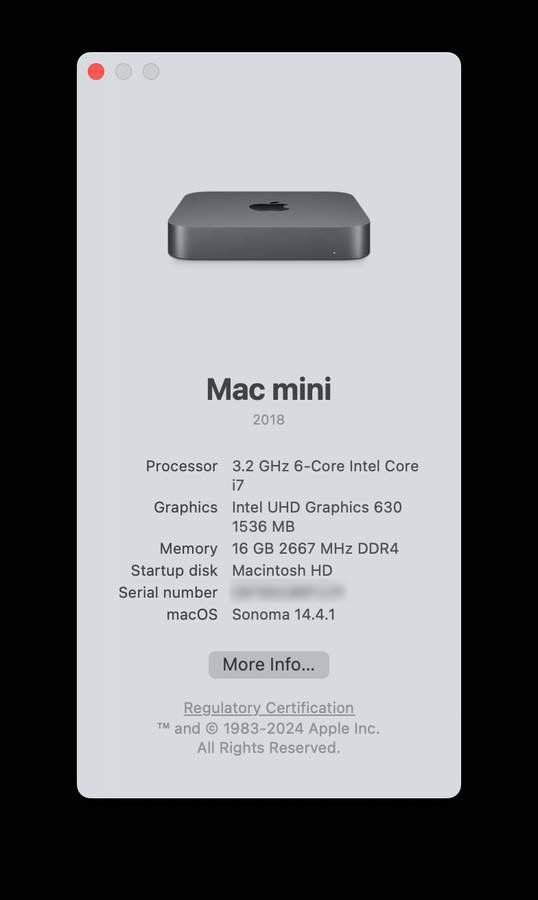 Mac Mini (Intel) - 2018 - 3.2GHz Core i7 - 16GB RAM - 500GB