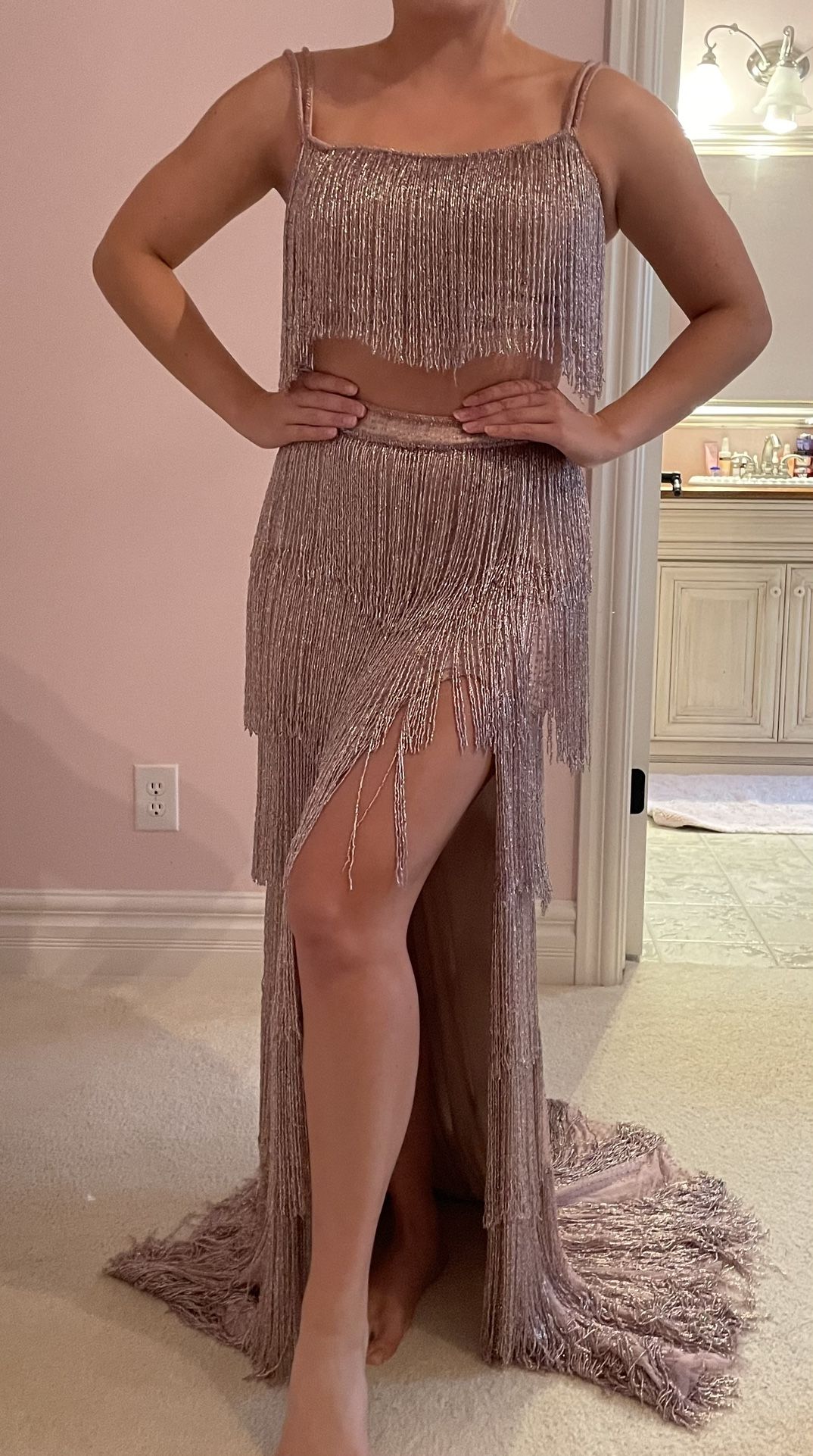 Sherri Hill Light Pink Fringe Gown Size 6