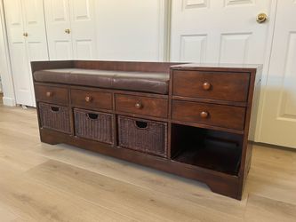 Entryway Storage Bench with Cushion + Wicker Baskets