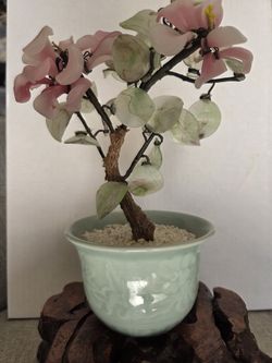 Vintage Chinese Glass Bonsai Tree With Pink Cherry Blossoms with Wood Base