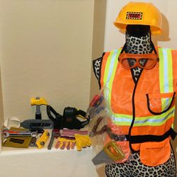 Kids Pretend Black + Decker Junior Toy ToolBelt/Set, Kids Electric Toy Chainsaw/Work Gloves & New Kids Construction Vest/Hat/Tools Playset Bundle