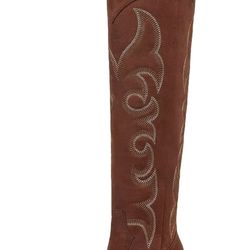 ISNOM Knee High Cowboy Cowgirl Boots for Women, Western Boots with Pull On Tab,Reddish