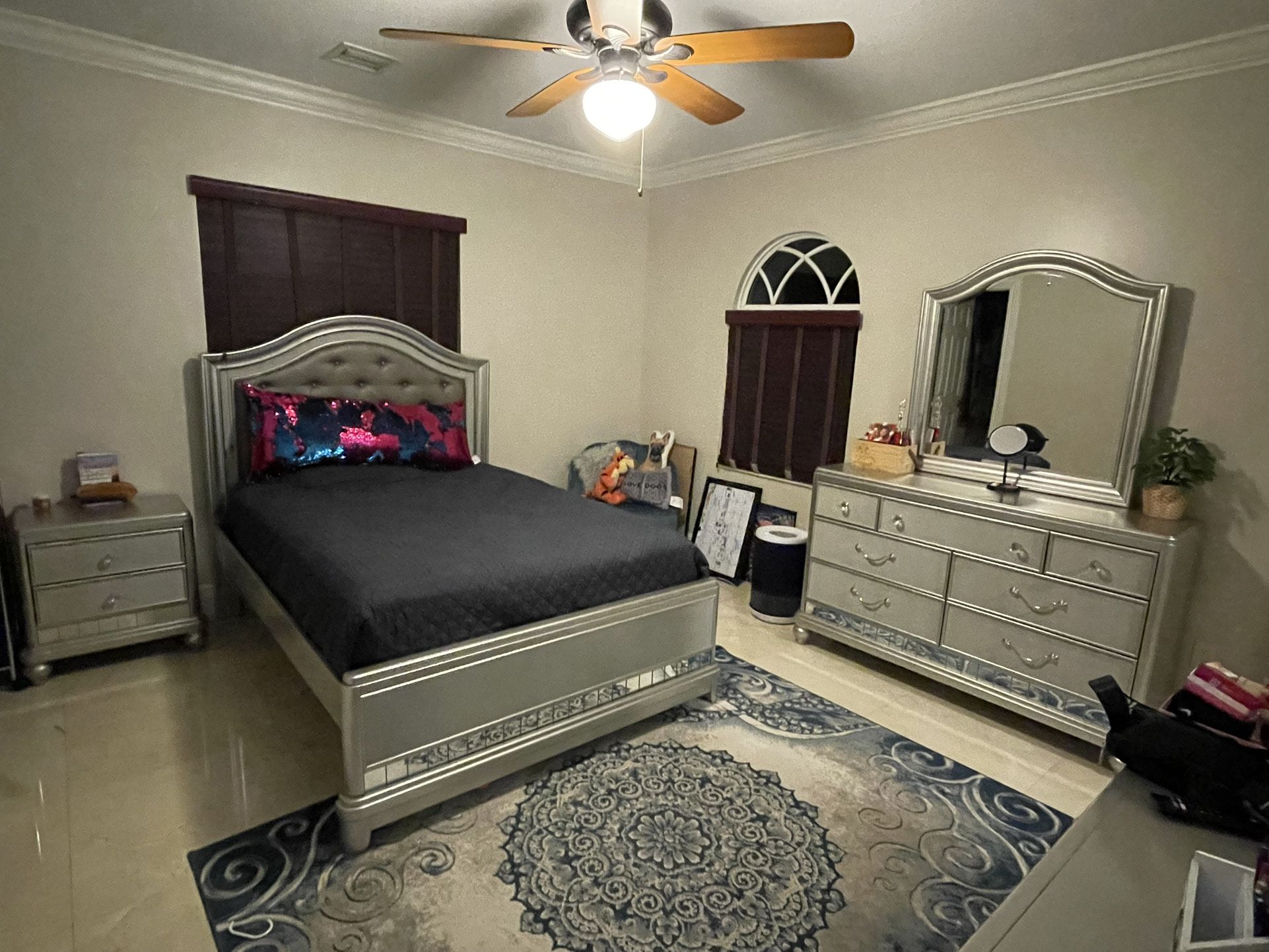 Silver Sofia Vergara “Paris” Remaining Pieces : FULL Size Bed Headboard, Footboard Frame ($300) And Desk ($550) -Excellent Condition!