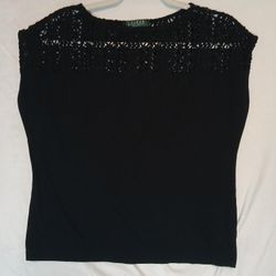 Lauren Ralph Lauren Black  Mesh Knit Top Blouse Shirt Size PL