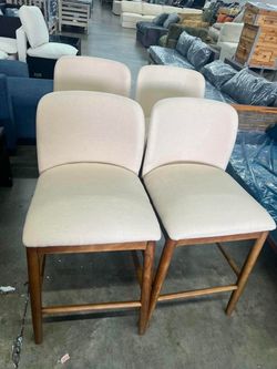 Christopher Knight Home Upholstered Wooden Counter Stools, Walnut Frame + Beige Seat, Set of 4