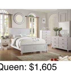 Beautiful  White Queen Size  Complete Bedroom Set. Mattress sold separately 