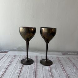 Mid Century Vintage Set Of 2 Brass Glasses Goblets Cups