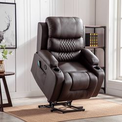 Power Lift Recliner Chair Heated and Massage Electric Recliner for Elderly ,Cup Holders 2 Sides Pockets-Brown