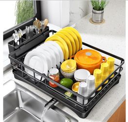 Dish Drying Rack for Kitchen Counter - Large Dish Rack with Drainboard, Rustproof Dish Drainer with Utensil Holder for Sink, Black