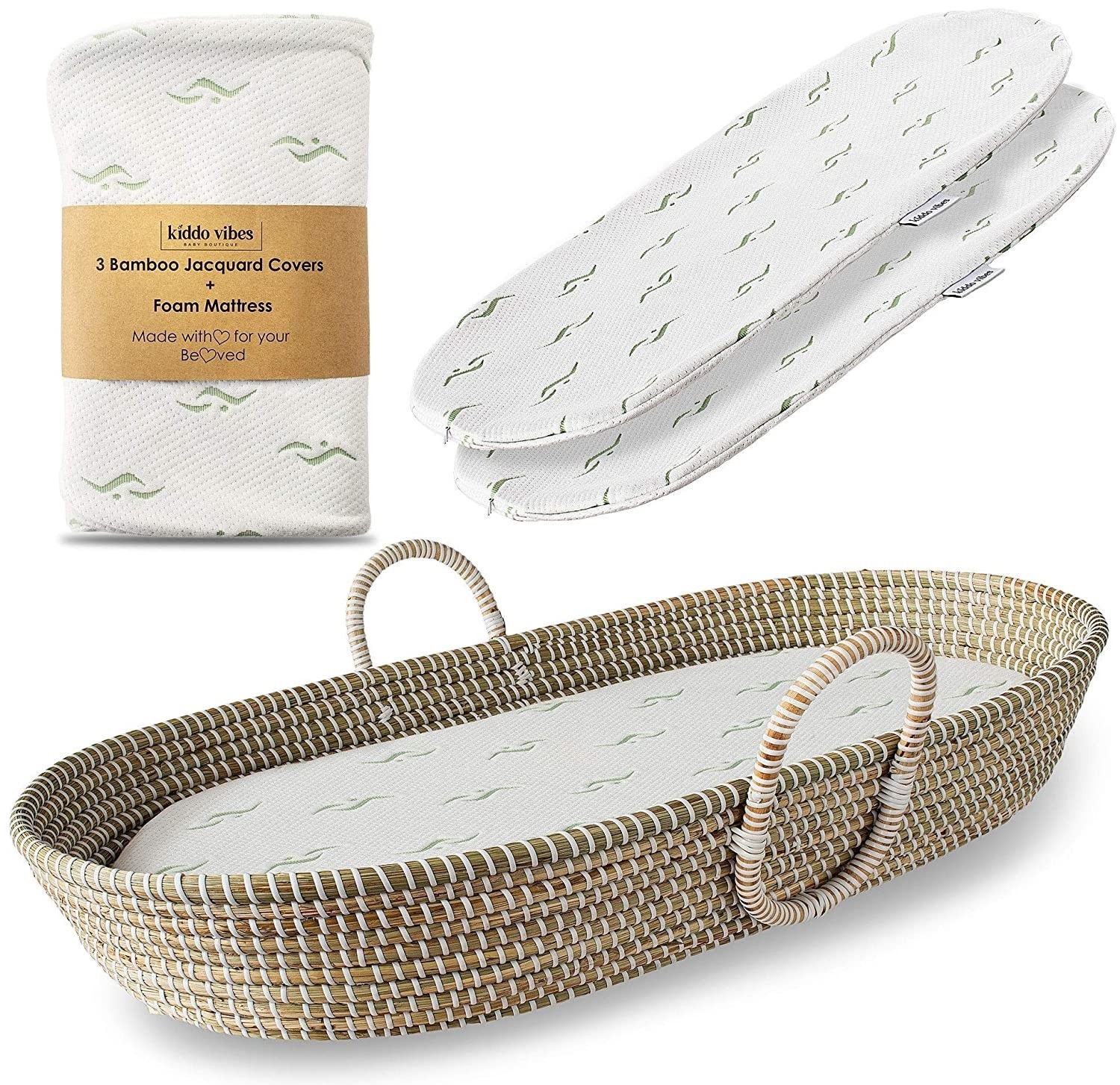 Baby Changing Basket for Nursery Changing Table Set. Baby Moses Basket, Thick Diaper Changing Pad and 3 Soft Bamboo Changing Mat Covers.