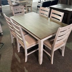 AP🎉 White/ Light Brown Dining Room Set - 6 Chairs And Table// Financing & Delivery 