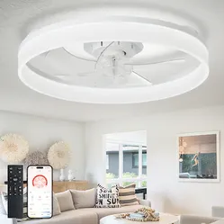 Depuley 195 196 20-in white with gray Blades LED Flush Mount Ceiling Fan With Light and Remote Control Included 5 -Blade