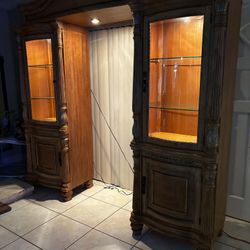 Glass Cabinets With Glass Shelves & Lights- Solid Wood- Good Condition