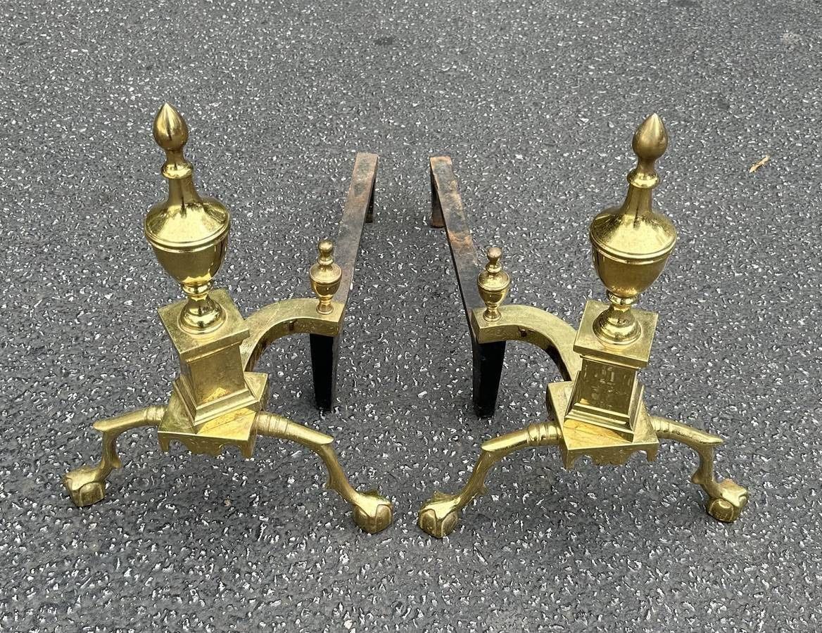 Antique Regency Brass Ball And Claw Feet Fire Place Andirons