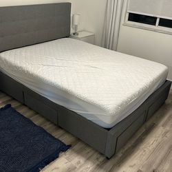 Gray Queen Bed Frame + Headboard With Storage