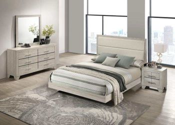 4 PC queen. Bedroom set with queen  bedframe dresser mirror nightstand on sale now don't miss