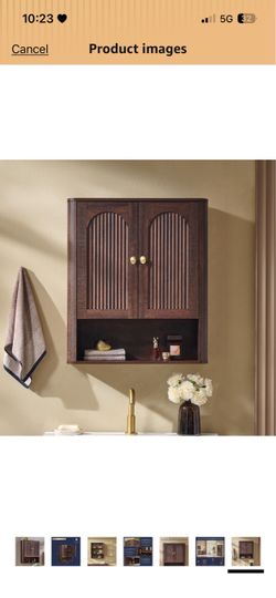Bathroom Fluted Arched Wall Cabinet, 23.6"W Wood Medicine Cabinet, Brown Bathroom Wall Storage Cabinet w/Adjustable Shelf &Door, Over the Toilet Stora