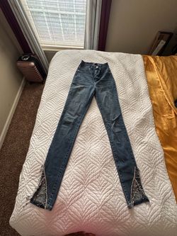 High-Waist Skinny Jeans with Rhinestone Hem