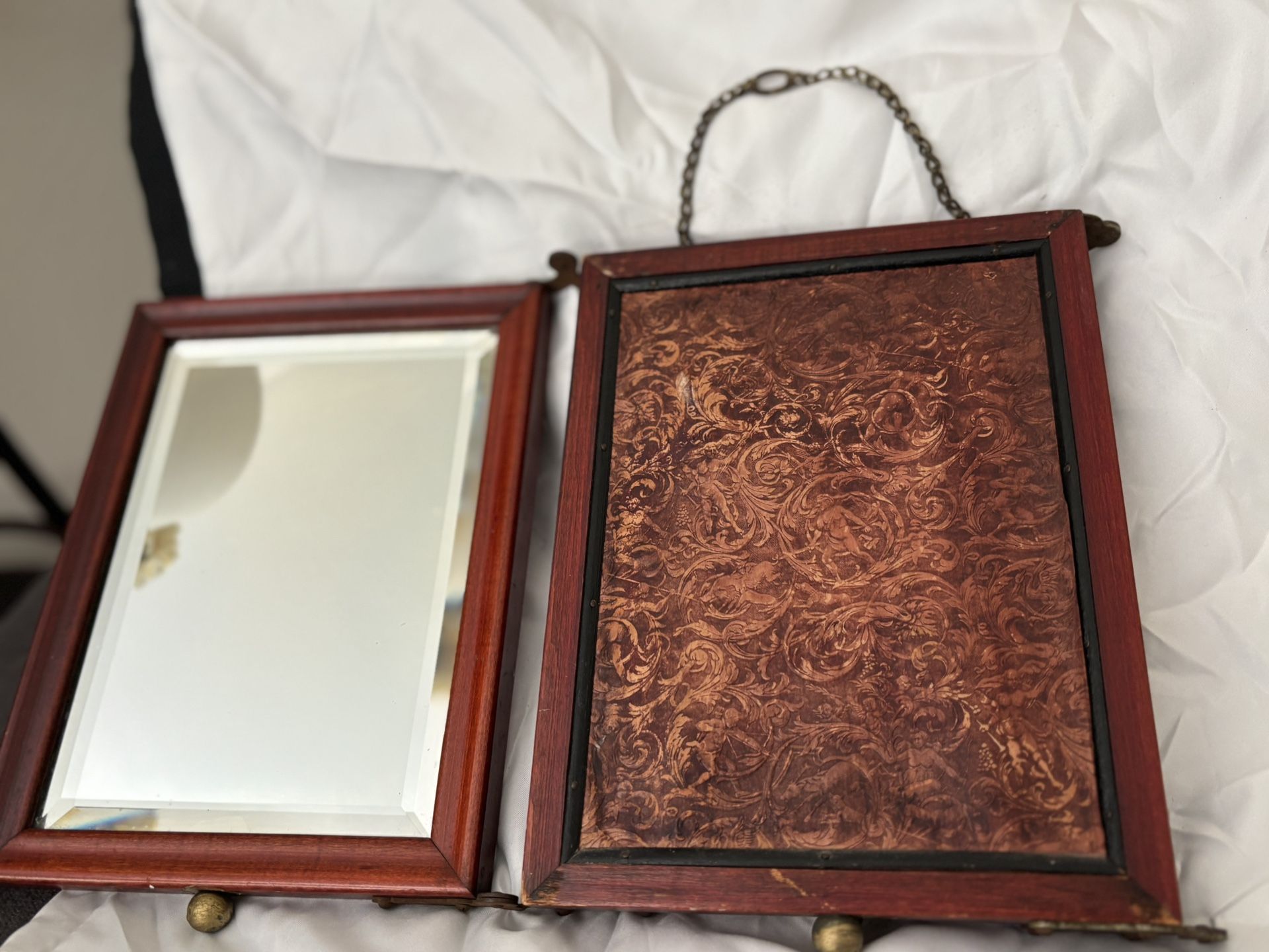 Victorian Tri-fold Travel Mirror with Beveled Glass and Brass Hardware