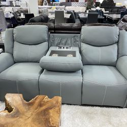 Sofa, loveseat and reclining chair, all power with five recliners
