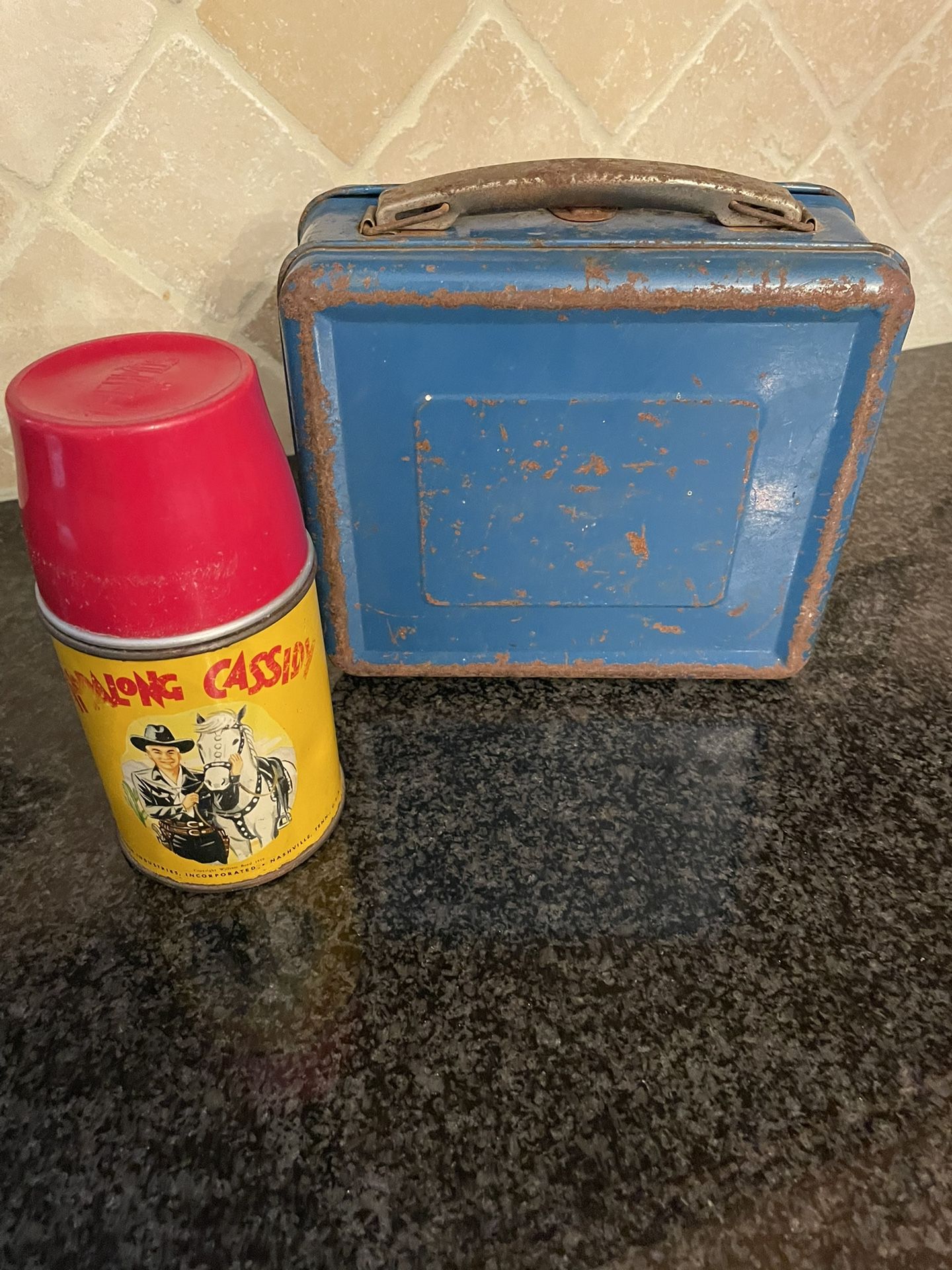 Vintage 1950 Metal Hopalong Cassidy Blue Lunchbox matching Thermos ALADDIN