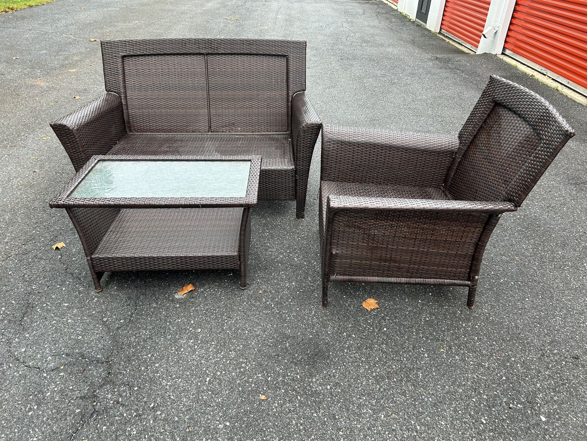 Beautiful Faux Rattan Conversation Set Couch, Oversized Chair and Coffee Table **