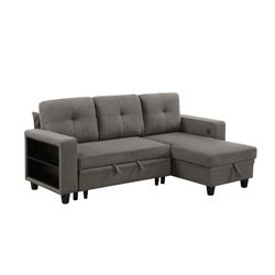Brand New Dark Brown/Gray/Biege Linen Reversible Sectional With Sofa Sleeper (79.5 x 54 x 33.5H)