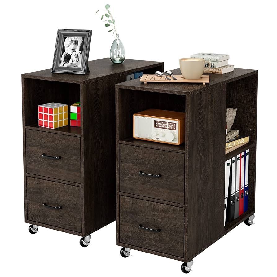 End Side Table, Narrow Nightstand with Storage Drawers and Adjustable Shelf, Rolling Bedside Table for Bedroom, Living Room, Home Office, Dark Brown,
