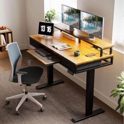 55" Electric Standing Desk with Drawers, LED Lights & Power Outlets