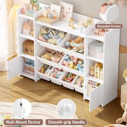 Toy Storage Organizer with 8 Toy Bins, Toy Organizer Toy Bin for Kids Stuffed Animal Storage Organizer, Playroom Storage and Toy Chest, White