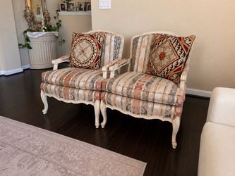 Pair of Elegant French Provincial Carved Armchairs – Ornate Upholstery