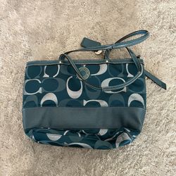 Coach Signature 3 Color Teal Metallic File Messenger Tote Bag Purse
