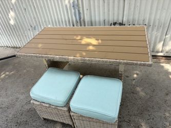 Outdoor Patio Wicker Dining Table and 2 Ottomans , Blue