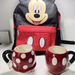 Disney Mickey Mouse Face/Ears Small 14” Backpack For Kids -DISNEY Mickey Mouse LARGE Red Coffee Mug Cup w/Hand & Arm, by Zak Desig 2 piece 