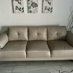 Tan Taupe Beige Leather Sofa 