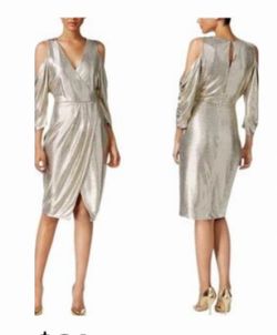 Metallic Silver Cold-Shoulder Wrap Dress
