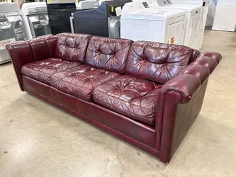 SCHAFER BROS Vintage Pebbled Maroon Leather Channel Stiched Sofa with Tufted Cushions