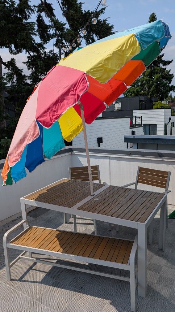 Outdoor Patio Furniture: Dining Table, Chairs, Bench, Umbrella