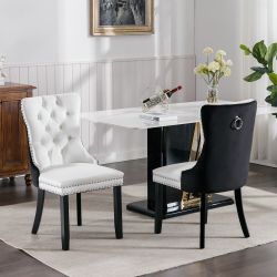Modern,High-end Tufted Solid Wood Contemporary PU and Velvet Upholstered Dining Chair with Wood Legs Nailhead Trim 2 Pcs Set,White+Black