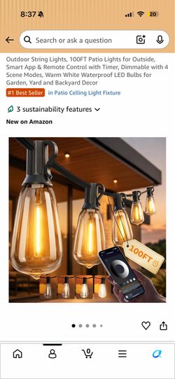 New in box Outdoor String Lights, 100FT Patio Lights for Outside, Smart App & Remote Control with Timer, Dimmable with 4 Scene Modes, Warm White Water