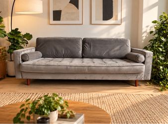 Gray Velvet Tufted Sofa with Wood Legs