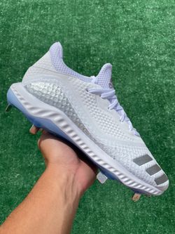 ADIDAS ICON 5 BOUNCE W LOW “WHITE / METALLIC SILVER” METAL SOFTBALL / BASEBALL CLEATS (Size 11.5, Women’s = Size 10, Men’s)