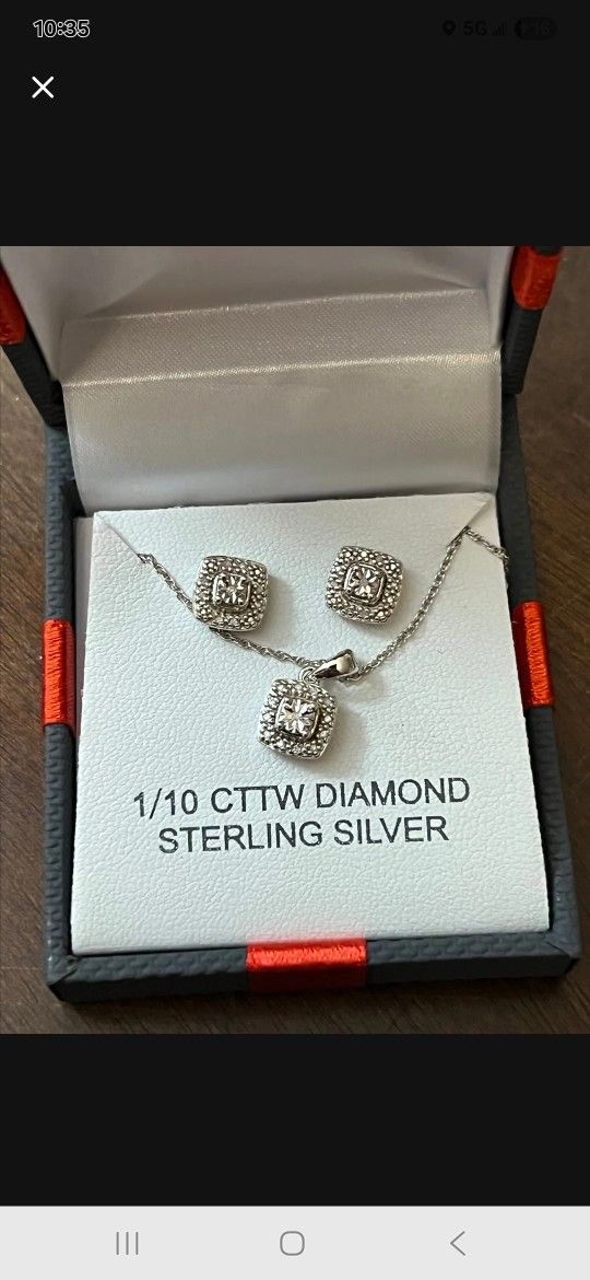 1/10 Cttw Natural Diamond Sterling 92.5 Silver Earing Necklace Set