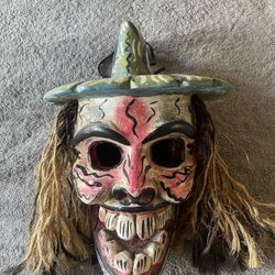 Vintage Hand Painted and Carved Wooden Skull Sculpture, Mexican Folk Art, Day of the Dead Skeleton