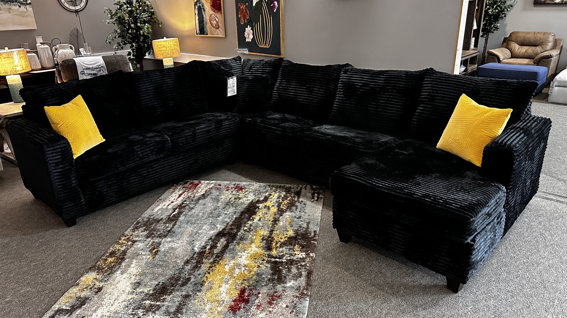 Brand New Amor Annabella Fluffy Black 4 Piece Sectional Made in USA, only $1700.